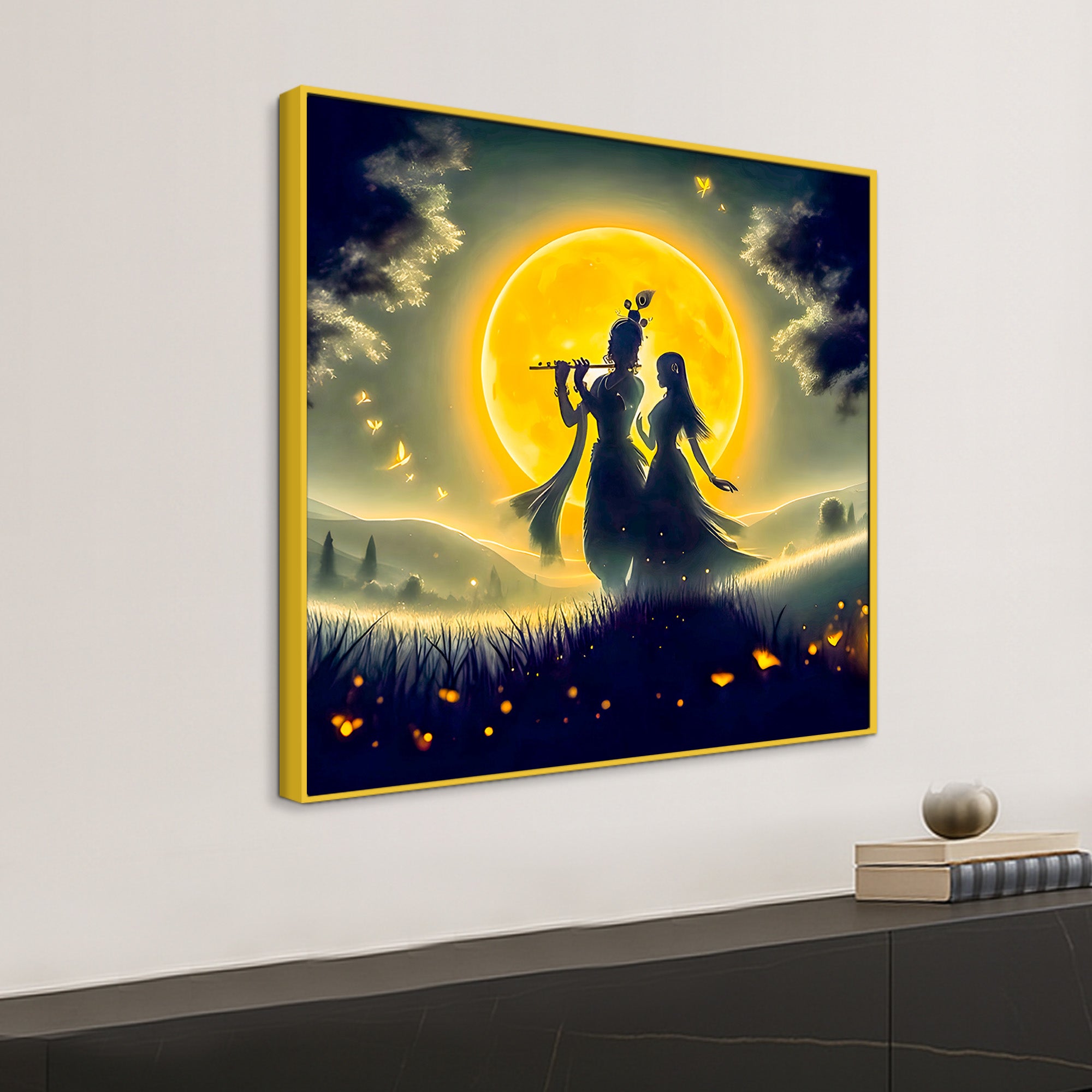 Shri Radha Krishna Moonlit Landscape Canvas Wall Painting for Home & Office – Modern Spiritual Wall Decor