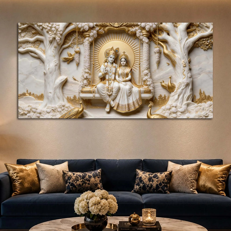 Shri Radha Krishna on Sacred Floral Swing 3D Canvas Wall Painting