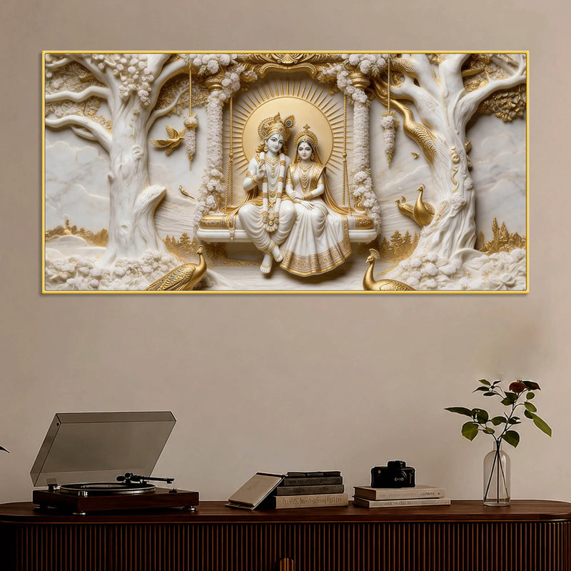 Shri Radha Krishna on Sacred Floral Swing 3D Canvas Wall Painting