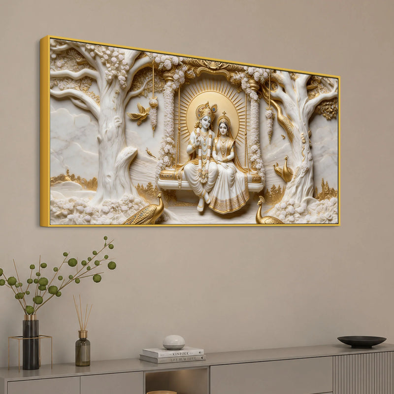 Shri Radha Krishna on Sacred Floral Swing 3D Canvas Wall Painting
