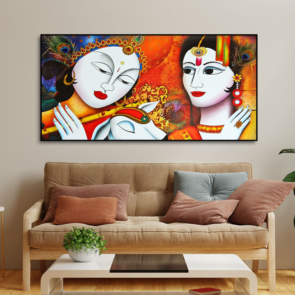 Shri Radha Krishna Playing with Flute Canvas Wall Painting