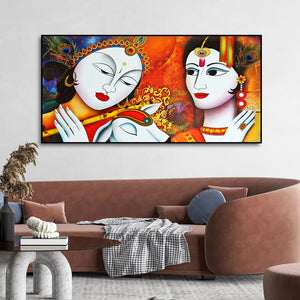 Shri Radha Krishna Playing with Flute Canvas Wall Painting