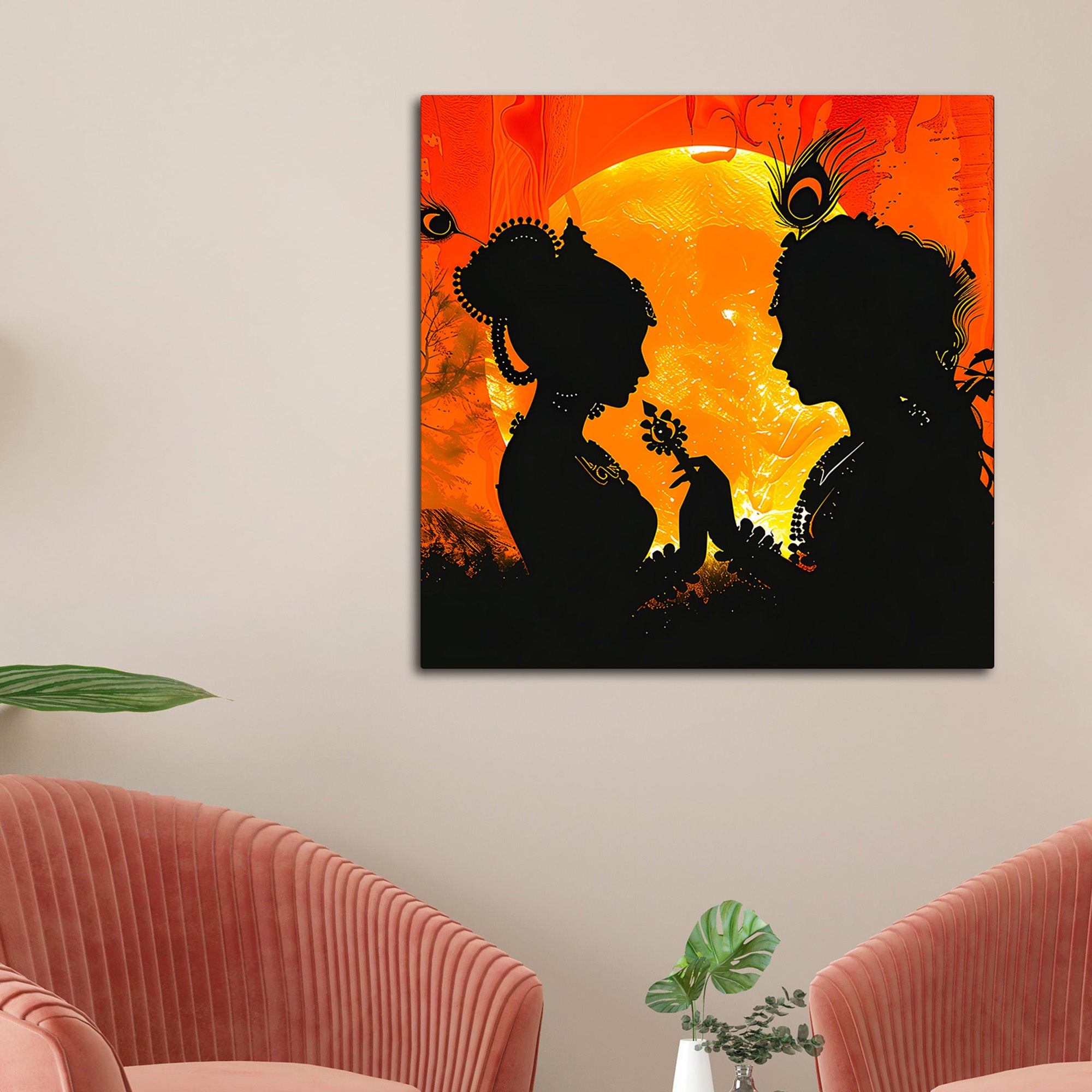 Shri Radha Krishna Silhouette Wall Painting for Home & Office – Modern Spiritual Wall Decor