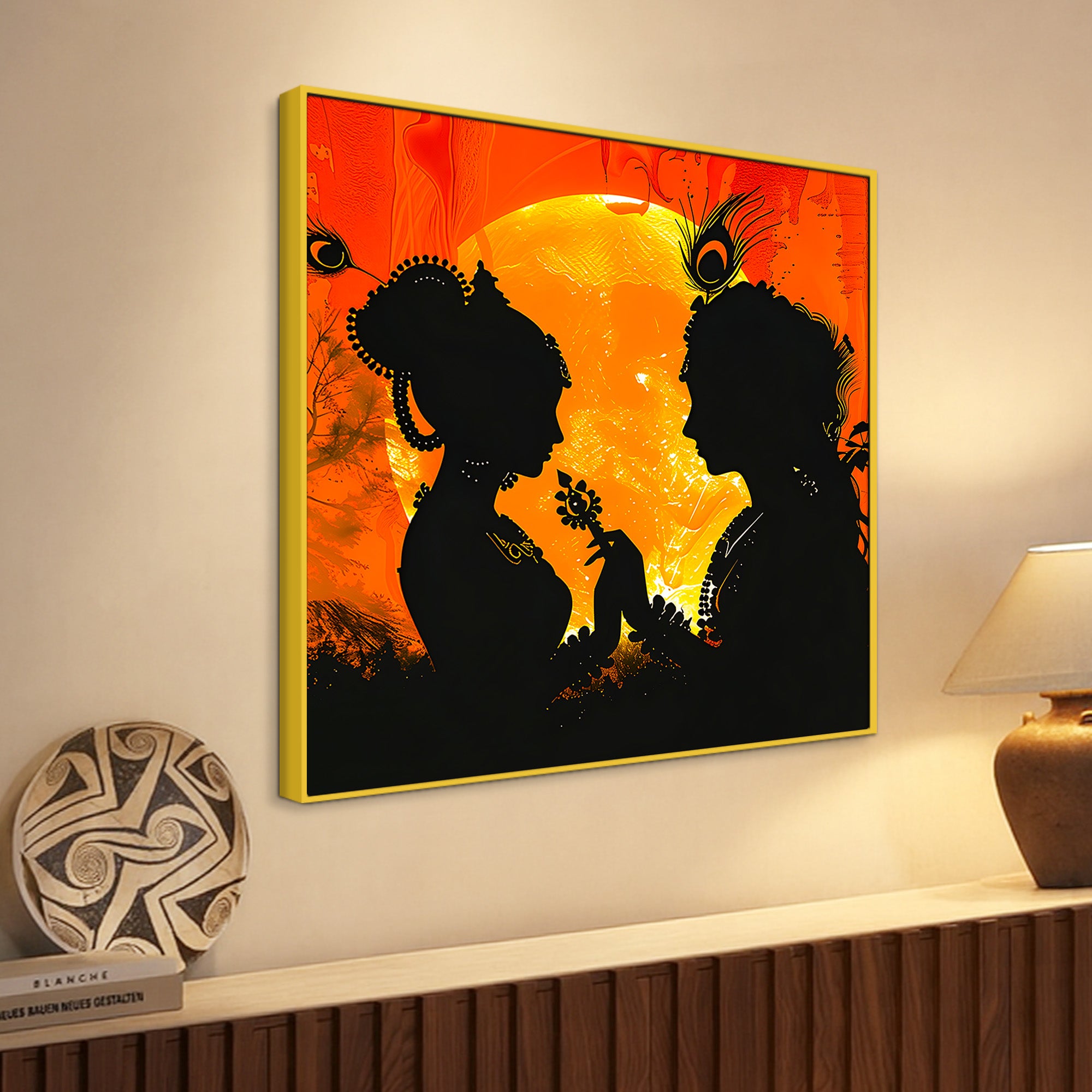 Shri Radha Krishna Silhouette Wall Painting for Home & Office – Modern Spiritual Wall Decor