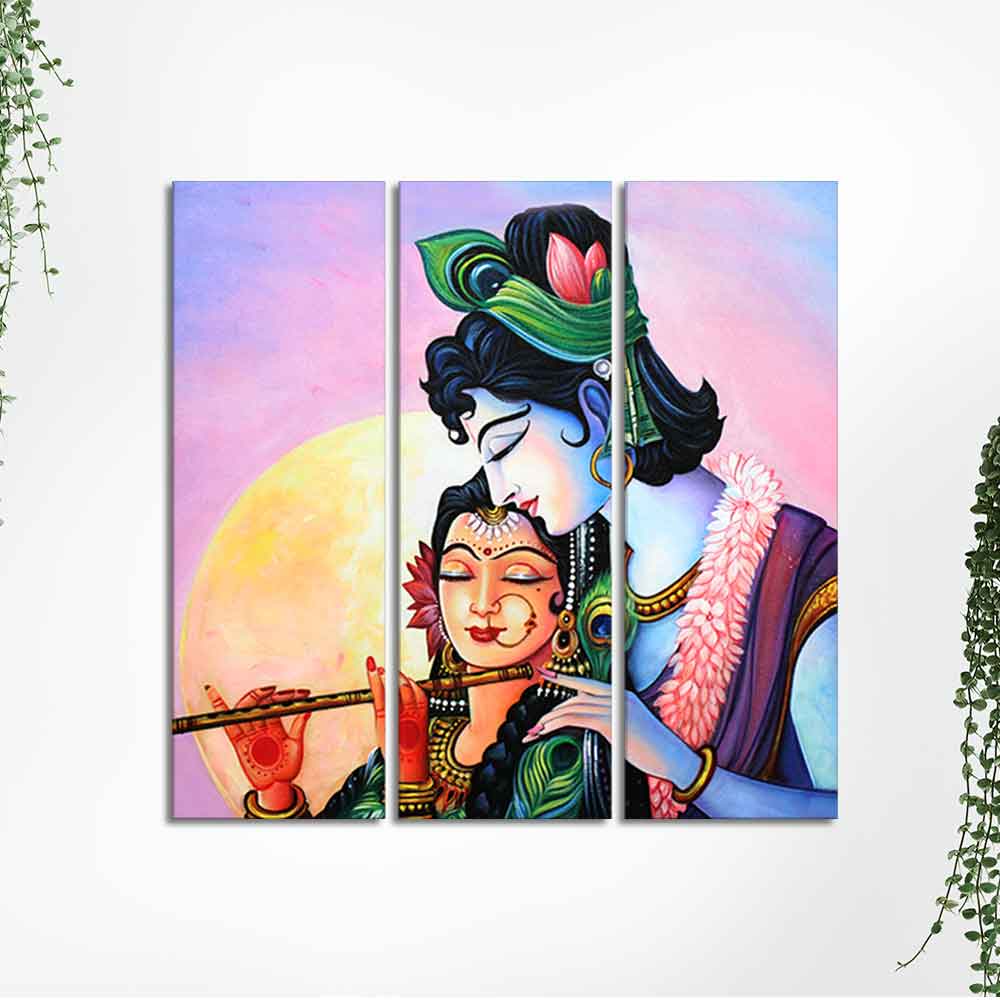 Shri Radha Krishna with Flute Wall Painting Set of 3