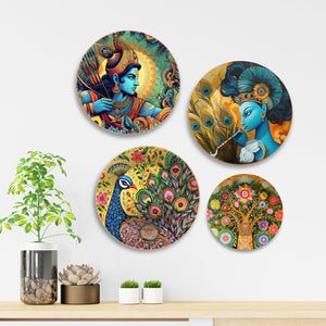 Shri Ram and Shri Krishna Premium Wall Plates Painting Set of Four