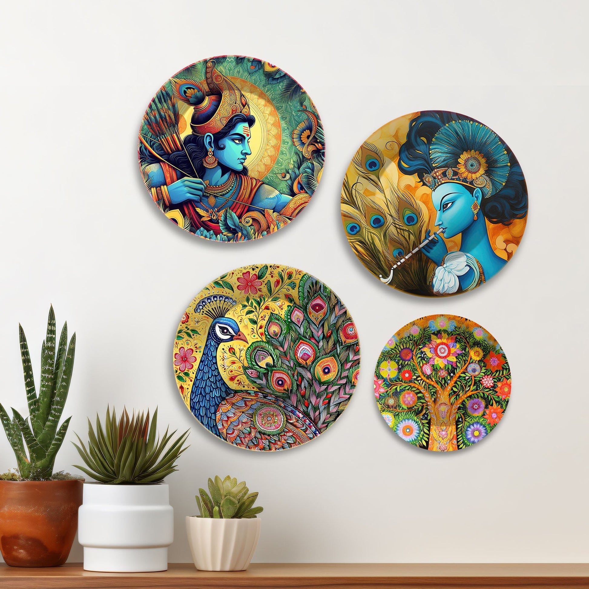 Shri Ram and Shri Krishna Premium Wall Plates Painting Set of Four