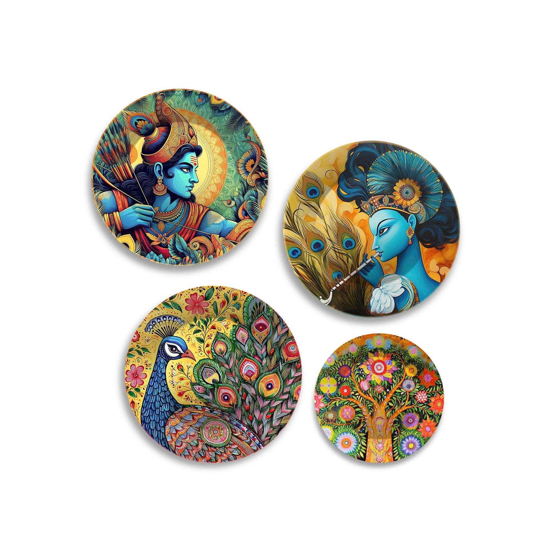 Shri Ram and Shri Krishna Premium Wall Plates Painting Set of Four