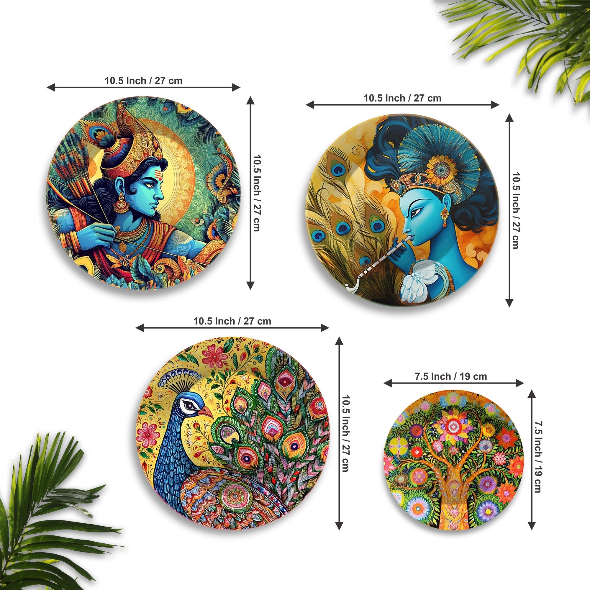 Shri Ram and Shri Krishna Premium Wall Plates Painting Set of Four