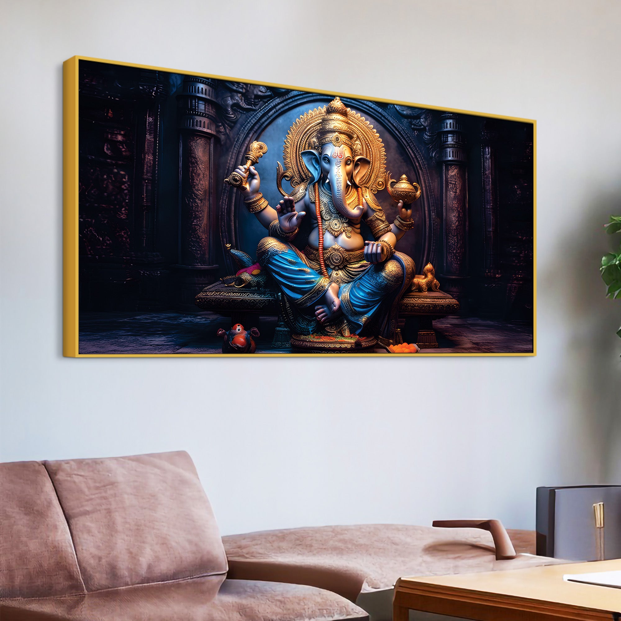 Shri Vighnaharta Lord Ganesha Auspicious Golden Sculpture Canvas Wall Painting for Home & Office – Modern Religious Wall Decor