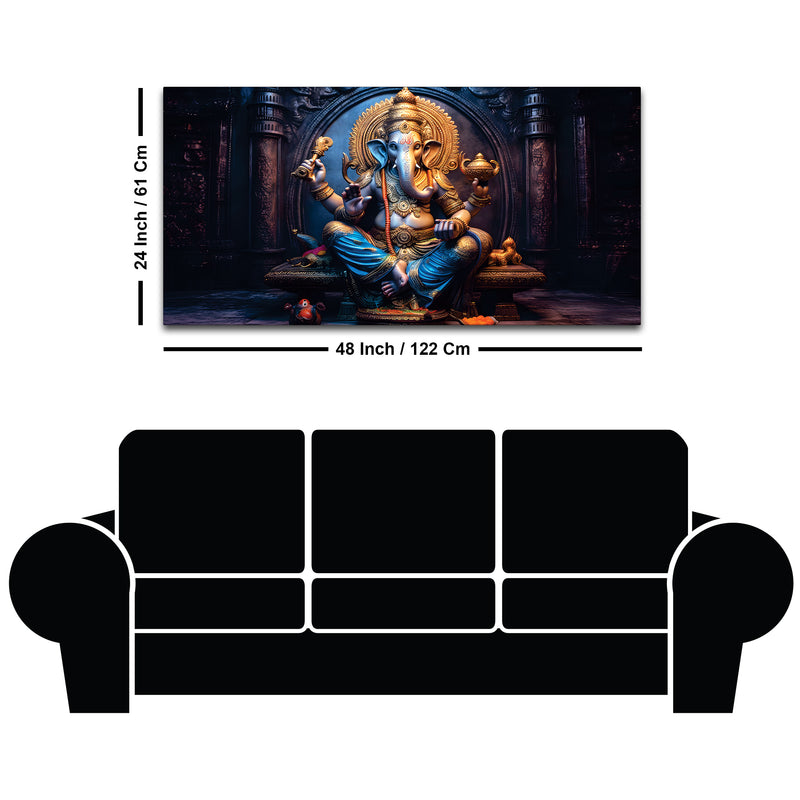 Shri Vighnaharta Lord Ganesha Auspicious Golden Sculpture Canvas Wall Painting for Home & Office – Modern Religious Wall Decor