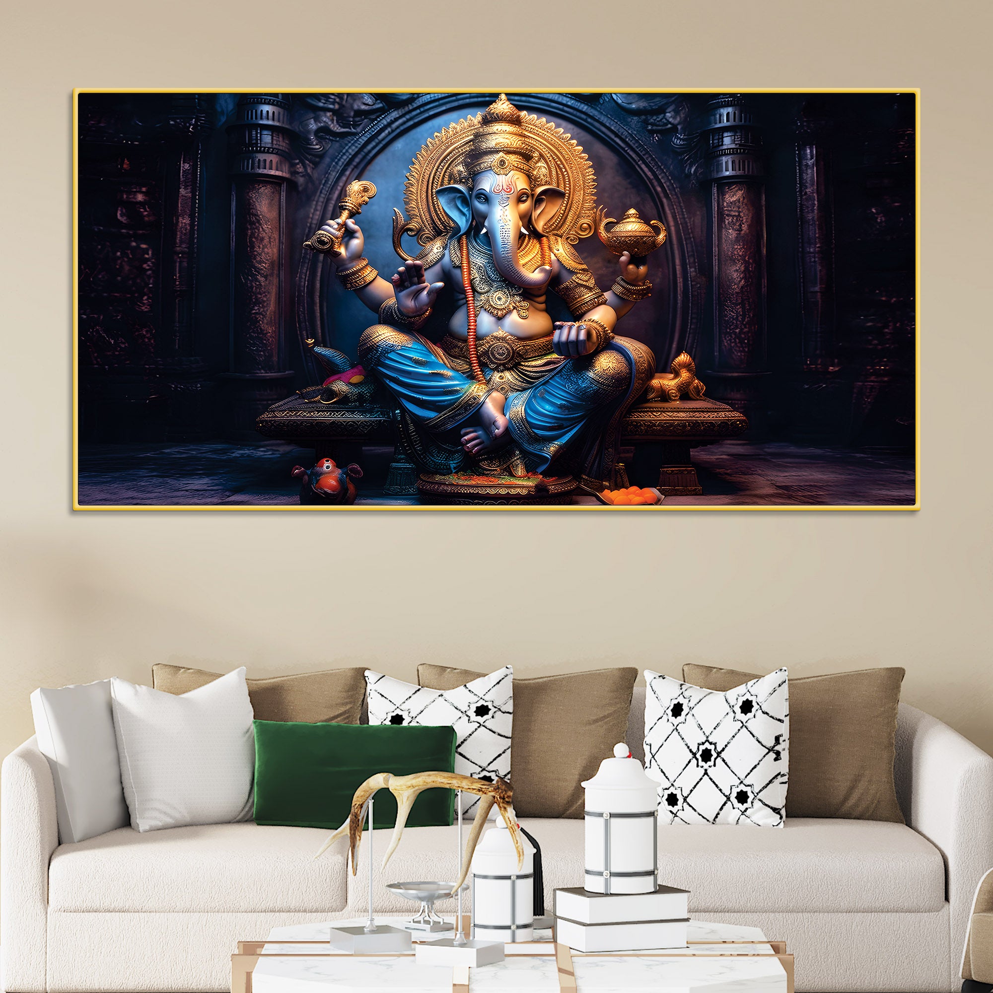 Shri Vighnaharta Lord Ganesha Auspicious Golden Sculpture Canvas Wall Painting for Home & Office – Modern Religious Wall Decor
