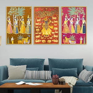 Shrinath Ji and Gopi Canvas Wall Painting Set of Three