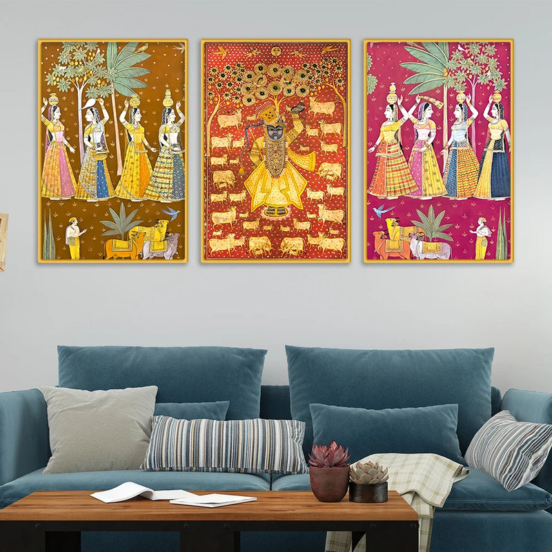 Shrinath Ji and Gopi Canvas Wall Painting Set of Three