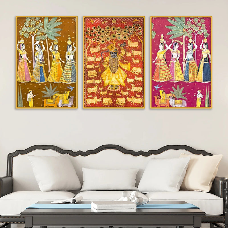 Shrinath Ji and Gopi Canvas Wall Painting Set of Three