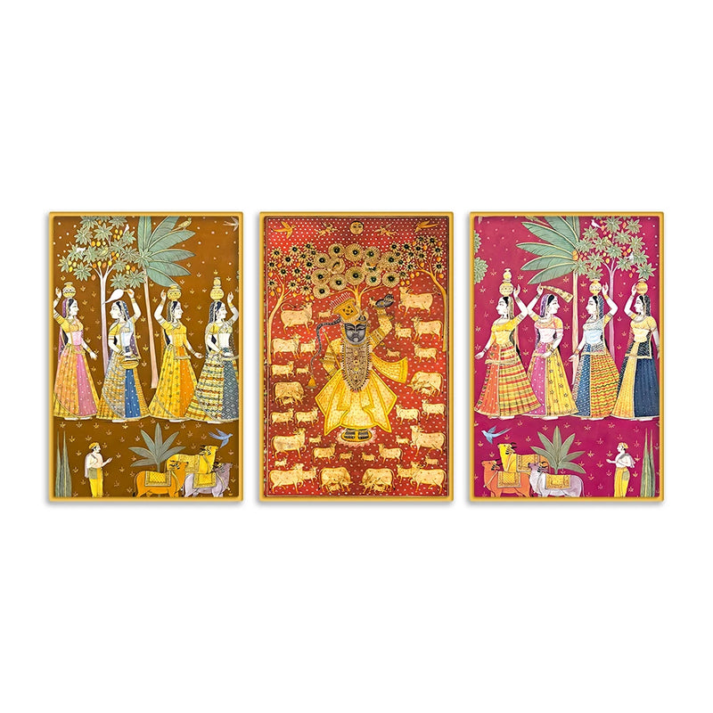 Shrinath Ji and Gopi Canvas Wall Painting Set of Three