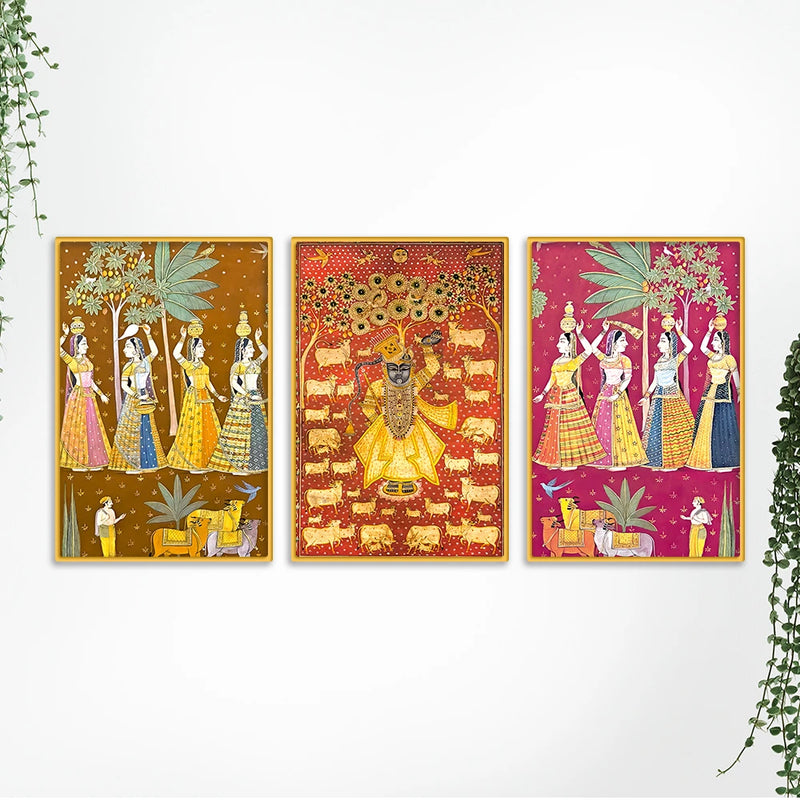 Shrinath Ji and Gopi Canvas Wall Painting Set of Three