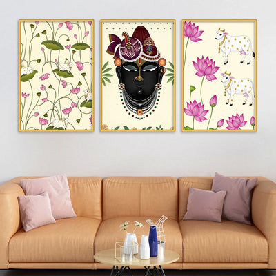 Shrinath Ji Face Pichwai Canvas Wall Painting Set of Three