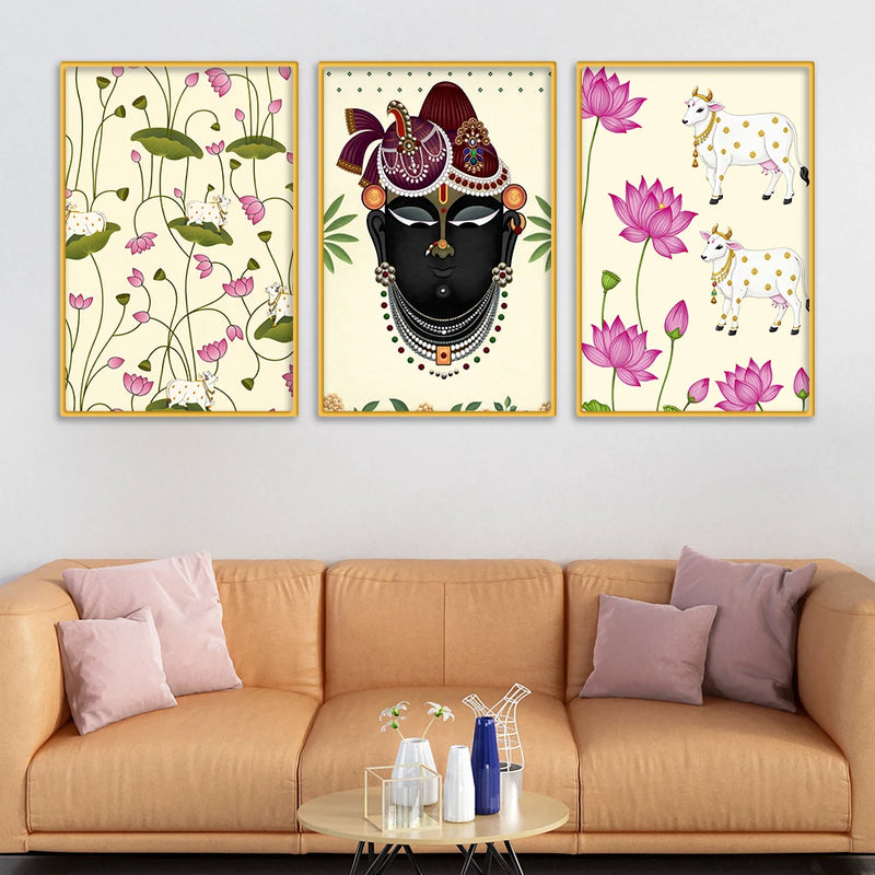 Shrinath Ji Face Pichwai Canvas Wall Painting Set of Three
