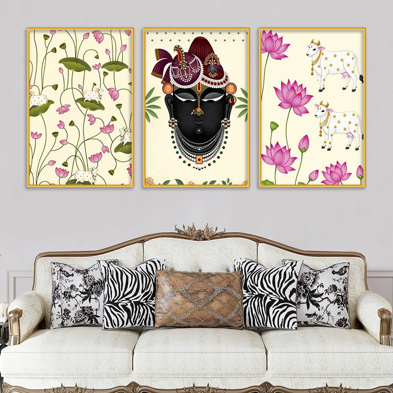 Shrinath Ji Face Pichwai Canvas Wall Painting Set of Three