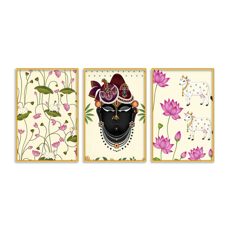 Shrinath Ji Face Pichwai Canvas Wall Painting Set of Three