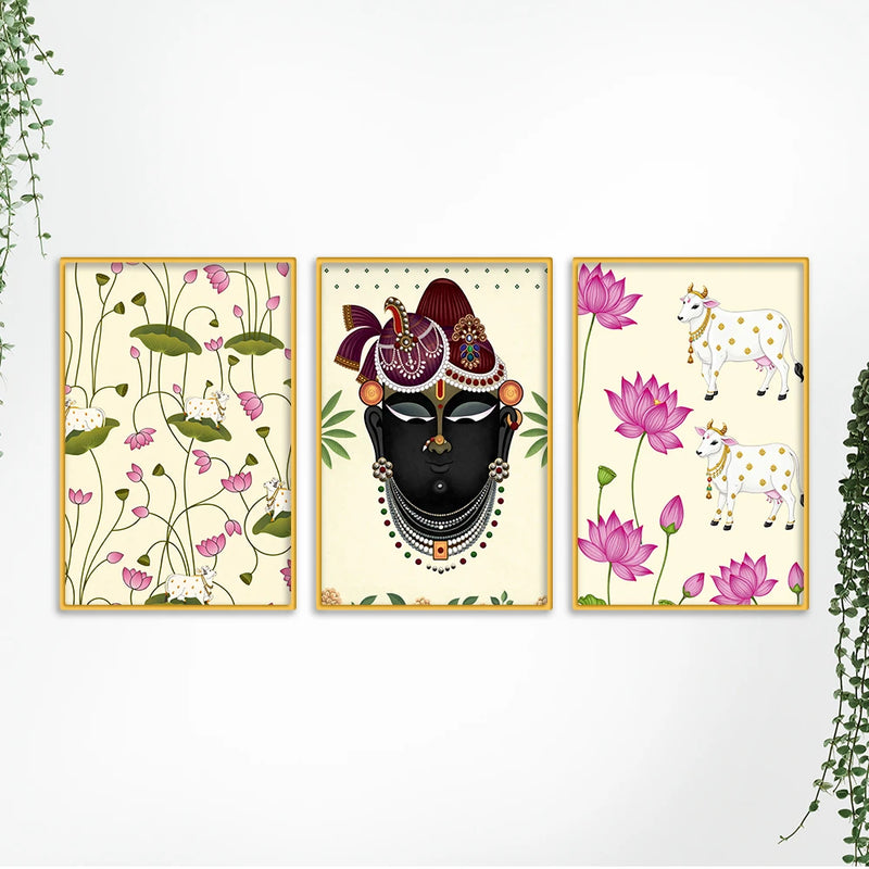 Shrinath Ji Face Pichwai Canvas Wall Painting Set of Three