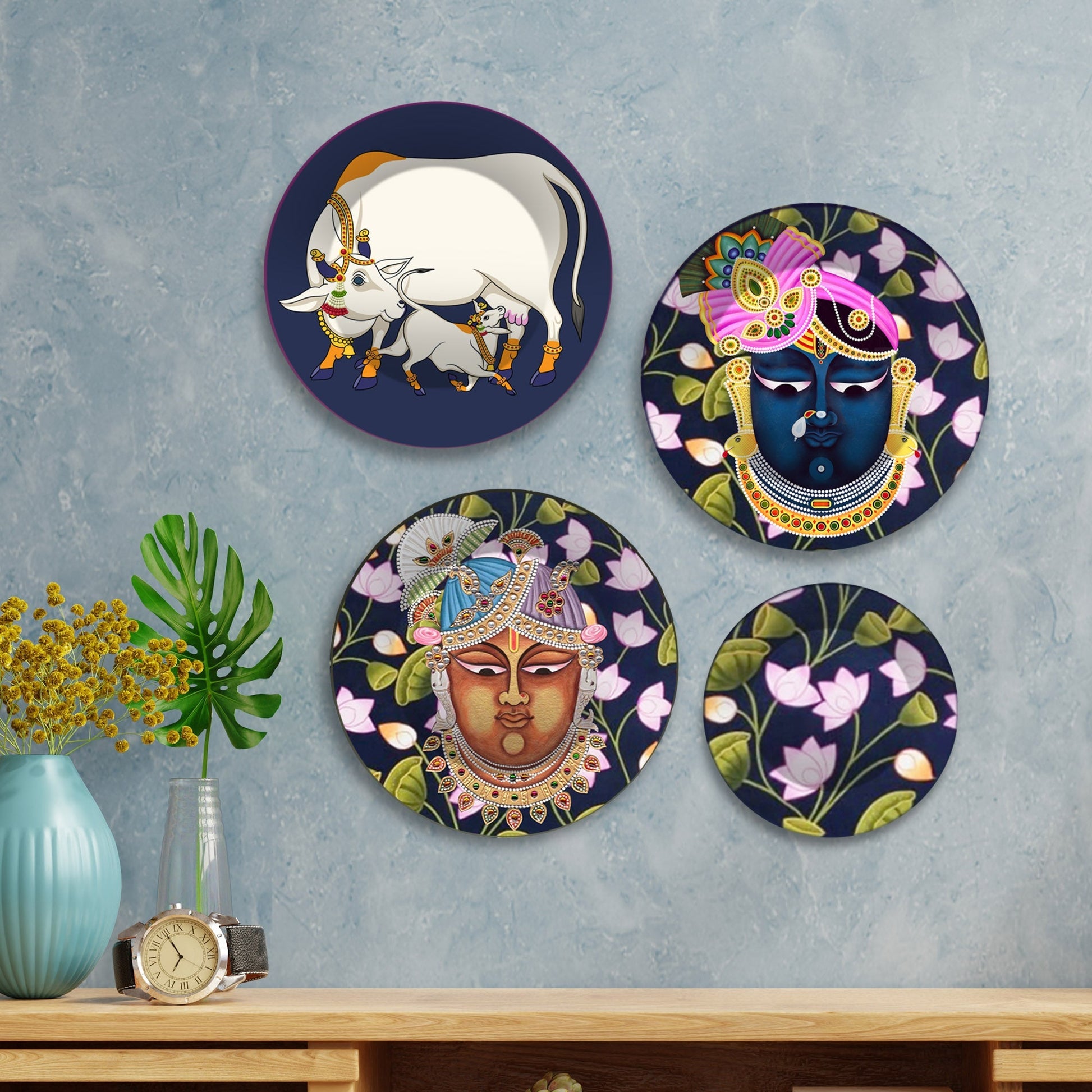 Shrinath ji Kamal Premium Wall Plates Painting Set of Four