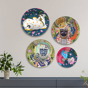 Shrinath ji Pichwai Art Wall Plates Painting Set of Four