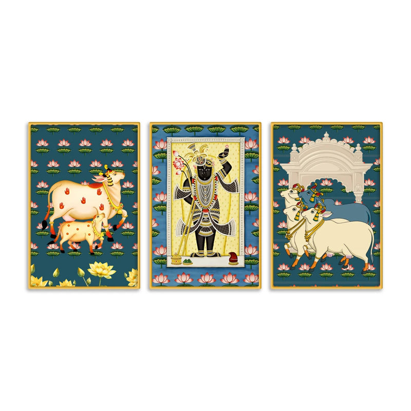 Shrinath Ji Pichwai Canvas Wall Painting Set of Three