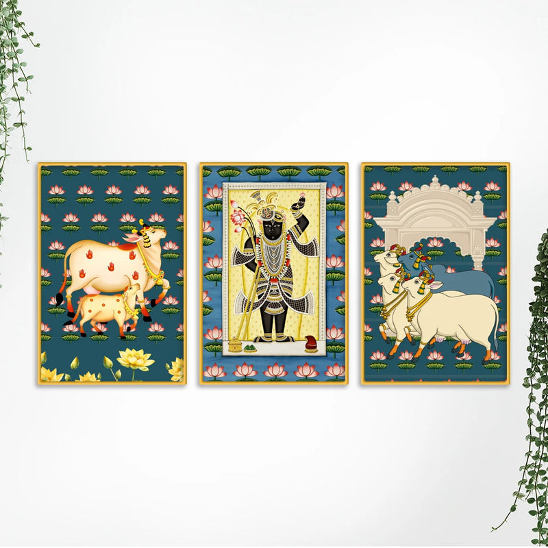 Shrinath Ji Pichwai Canvas Wall Painting Set of Three