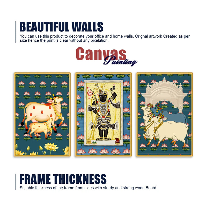 Shrinath Ji Pichwai Canvas Wall Painting Set of Three