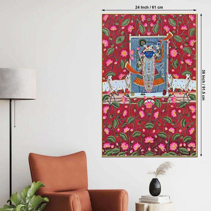 Shrinath Ji Surrounded by Sacred Lotus and Cows Pichwai Canvas Wall Painting