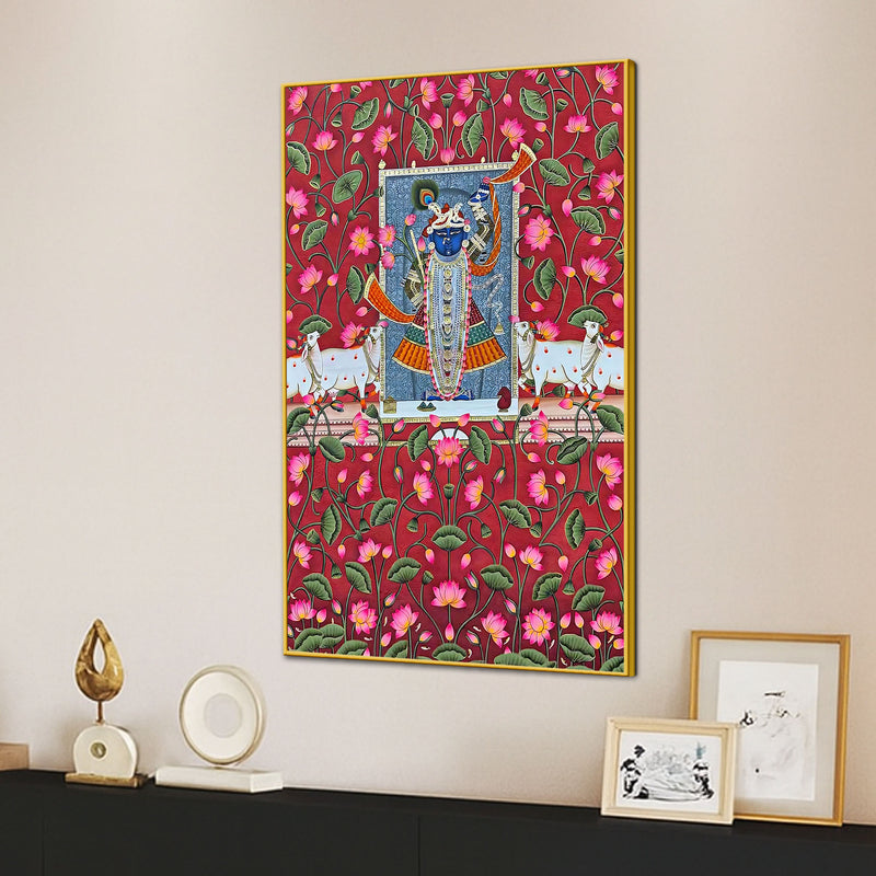 Shrinath Ji Surrounded by Sacred Lotus and Cows Pichwai Canvas Wall Painting
