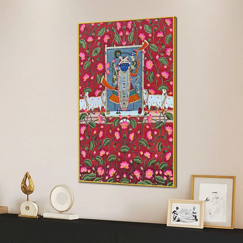 Shrinath Ji Surrounded by Sacred Lotus and Cows Pichwai Canvas Wall Painting