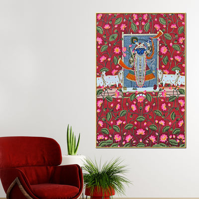 Shrinath Ji Surrounded by Sacred Lotus and Cows Pichwai Canvas Wall Painting