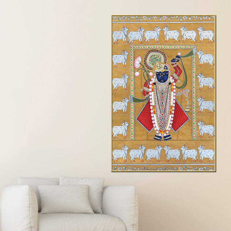 Shrinathji in Majestic Adornment with Sacred Cows Pichwai Canvas Wall Painting