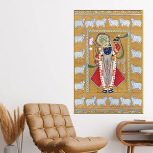 Shrinathji in Majestic Adornment with Sacred Cows Pichwai Canvas Wall Painting