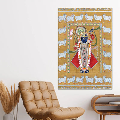 Shrinathji in Majestic Adornment with Sacred Cows Pichwai Canvas Wall Painting