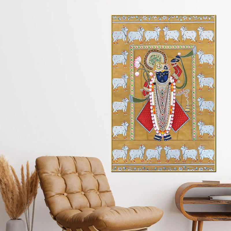 Shrinathji in Majestic Adornment with Sacred Cows Pichwai Canvas Wall Painting