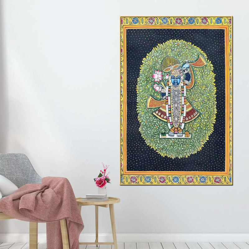 Shrinathji in the Sacred Lotus Garden Traditional Pichwai Canvas Wall Painting