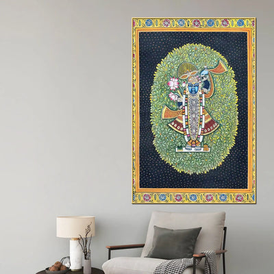Shrinathji in the Sacred Lotus Garden Traditional Pichwai Canvas Wall Painting