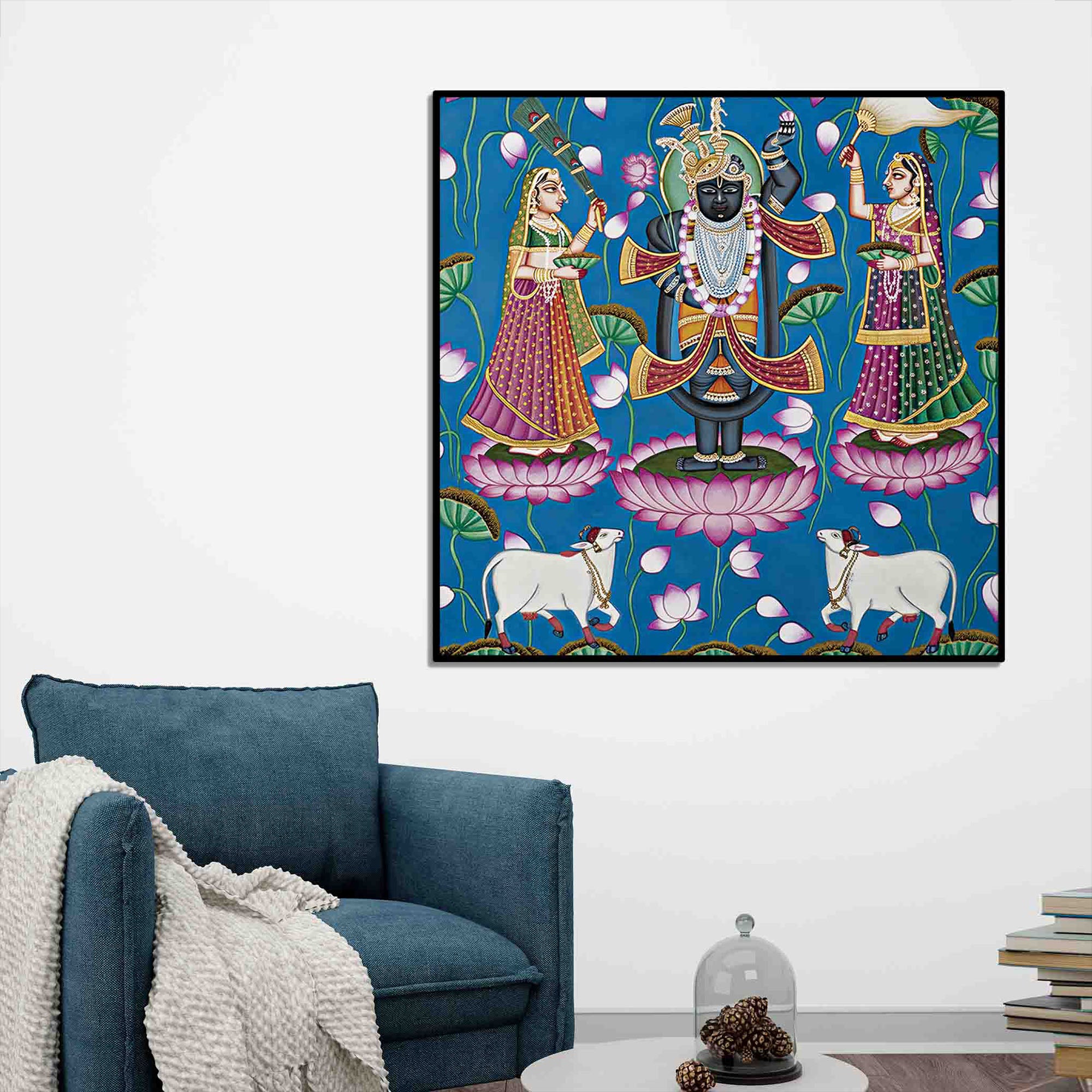 Shrinathji Standing on Lotus Pichwai Painting | Sacred Pichwai Wall Décor