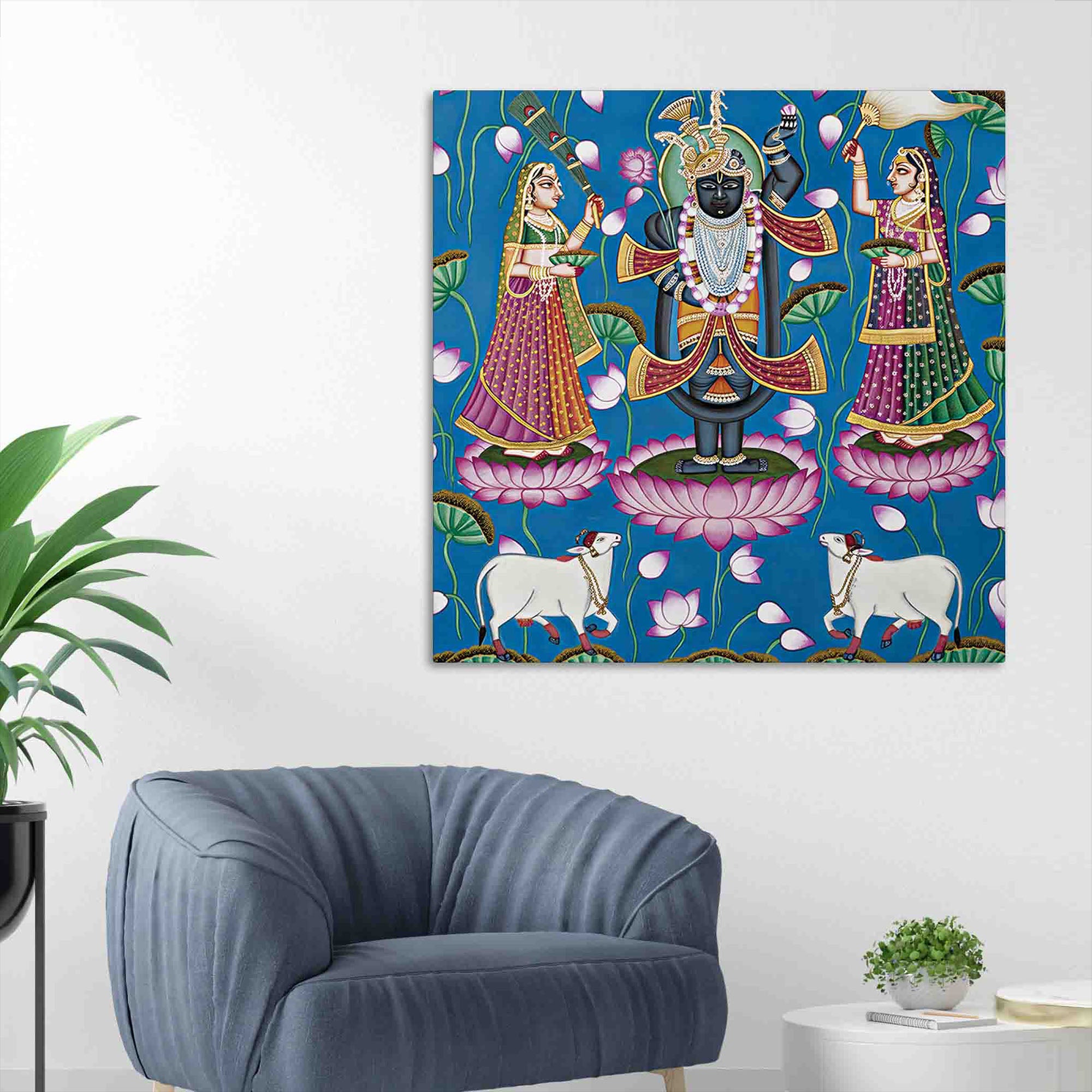 Shrinathji Standing on Lotus Pichwai Painting | Sacred Pichwai Wall Décor