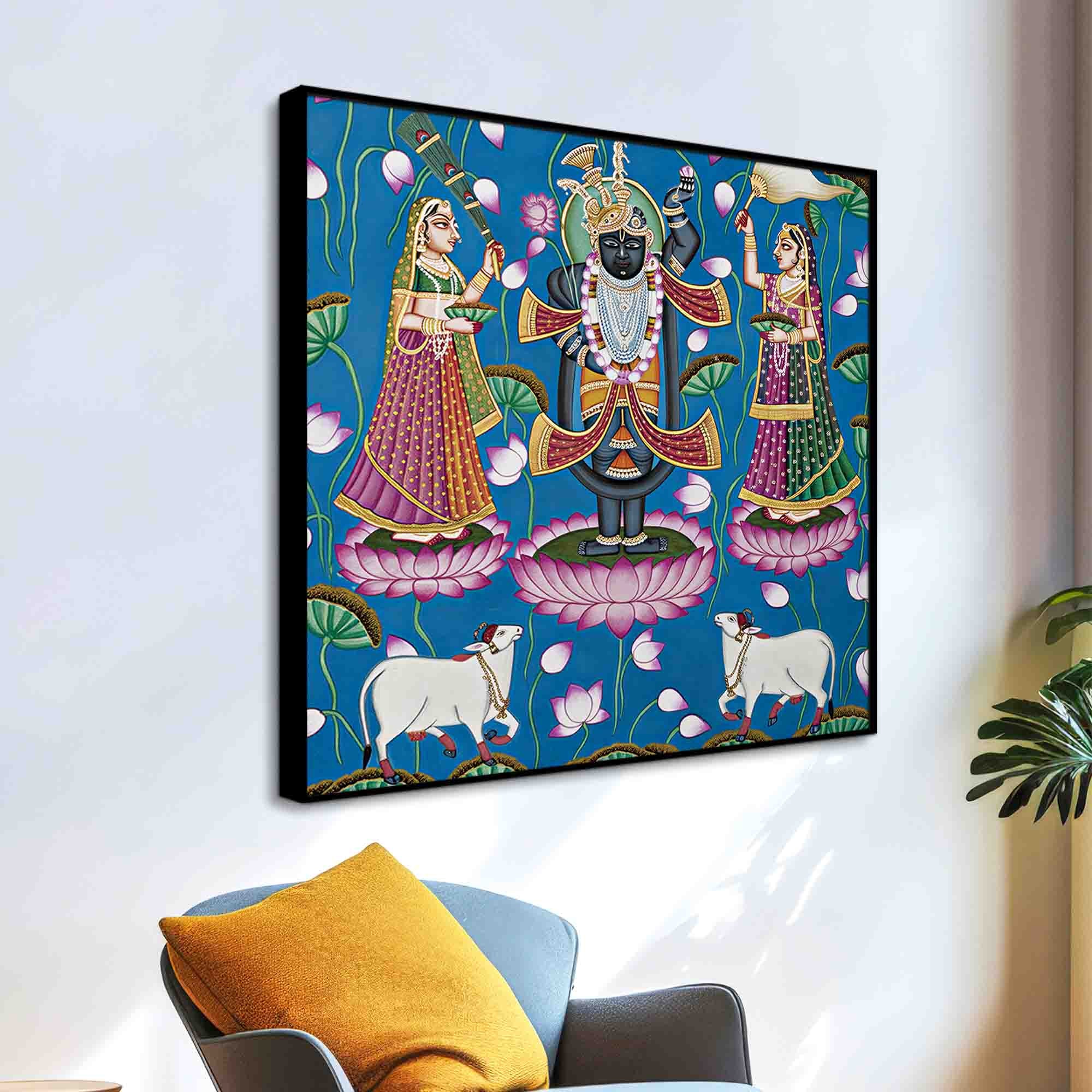 Shrinathji Standing on Lotus Pichwai Painting | Sacred Pichwai Wall Décor
