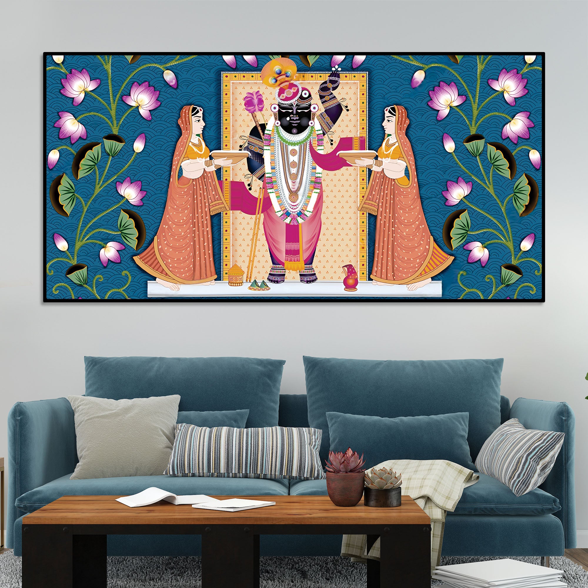 Shrinathji with Lotus Motif Traditional Wall Art Painting