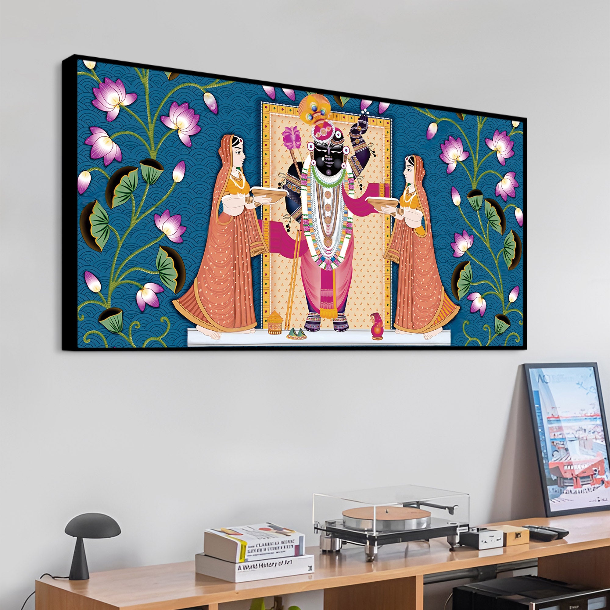Shrinathji with Lotus Motif Traditional Wall Art Painting