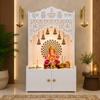 Shubh Labh Engraving White Wooden Floor Cabinet Home Temple