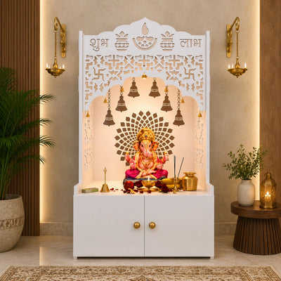 Shubh Labh Engraving White Wooden Floor Cabinet Home Temple