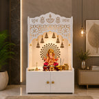 Shubh Labh Engraving White Wooden Floor Cabinet Home Temple