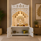 Shubh Labh Engraving White Wooden Floor Cabinet Home Temple
